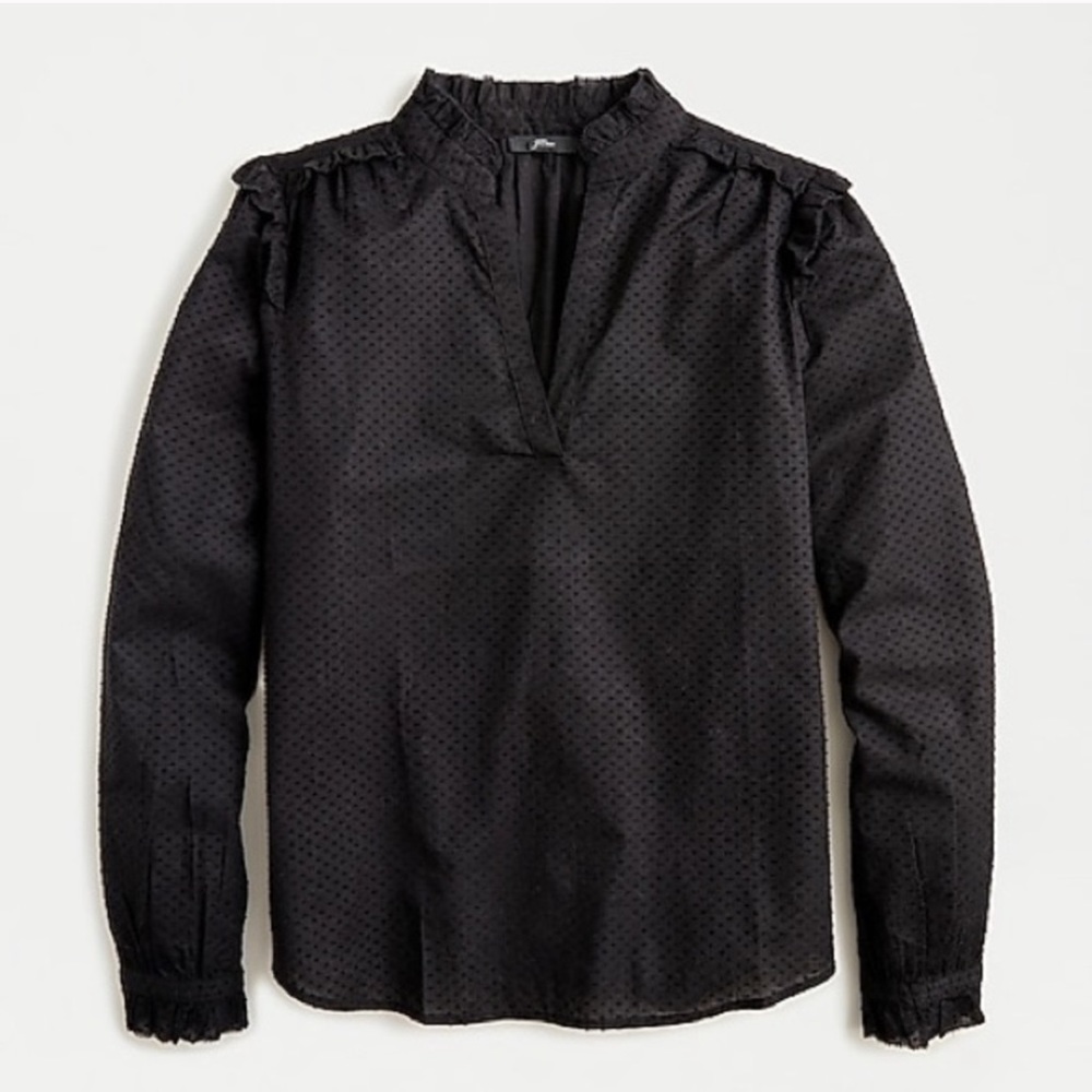 J. Crew Black Ruffle Trim Clip Dot V-Neck Popover Top| S